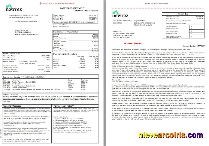 USA Texas Newrez mortgage statement, 3 pages 1-2